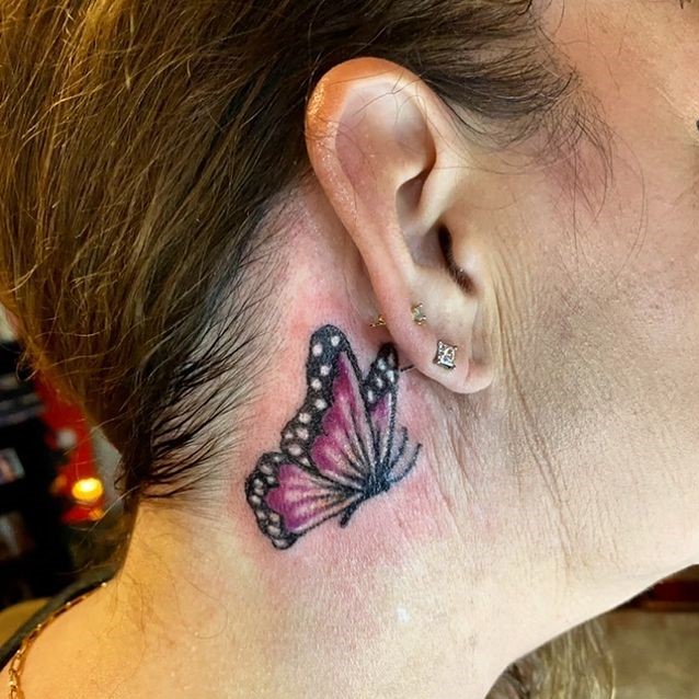 Purple Shade Butterfly Tattoo Behind Ear