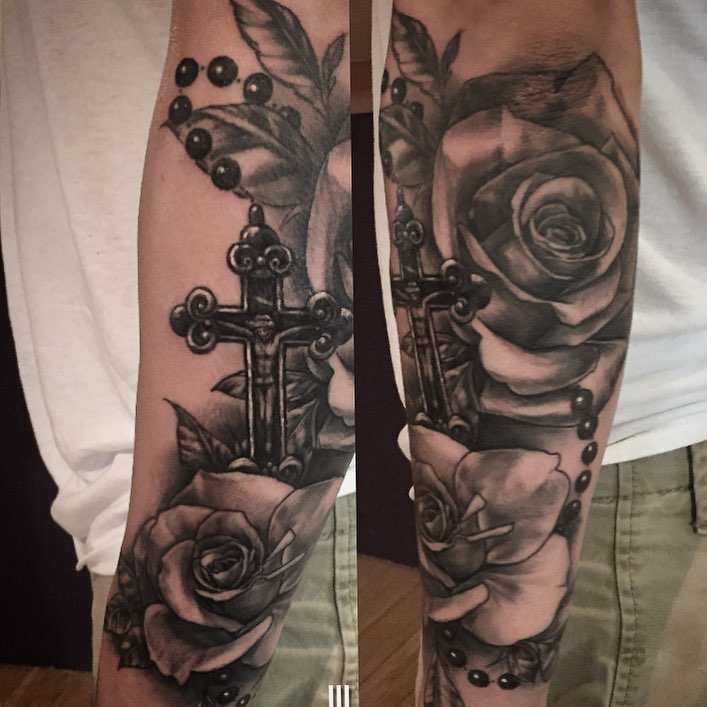 Black and Grey Realistic Roses and Cross tattoo by Dimas Reyes TattooNOW