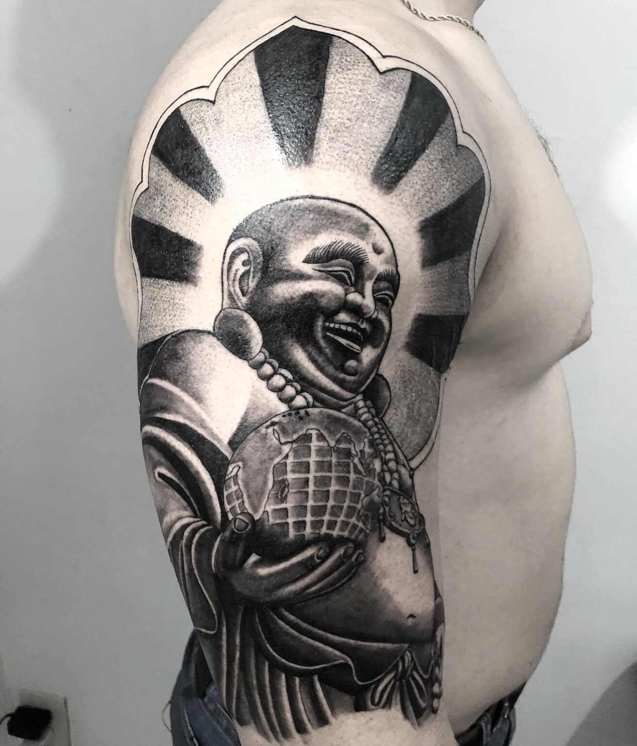 40 Best Laughing Buddha Tattoo Ideas November 2024   Realistic Laughing Buddha Upper Arm Tattoo For Men Detailed Artistry And Joyful Symbolism 1312x1536 