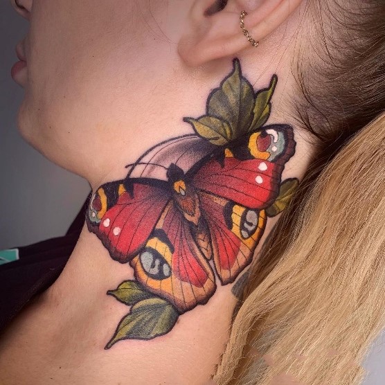 Single Red butterfly neck tattoo