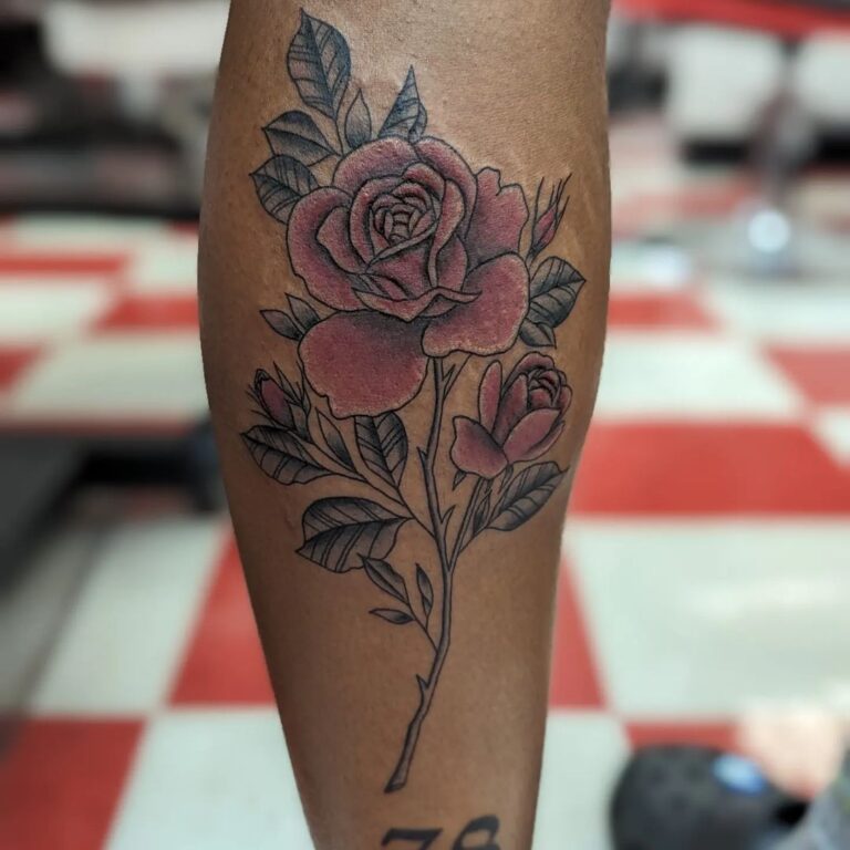 70 Best Calf Tattoo Designs With Meaning November 2024   Elegant Red Rose With Black And Grey Stem Calf Tattoo Beauty 768x768 