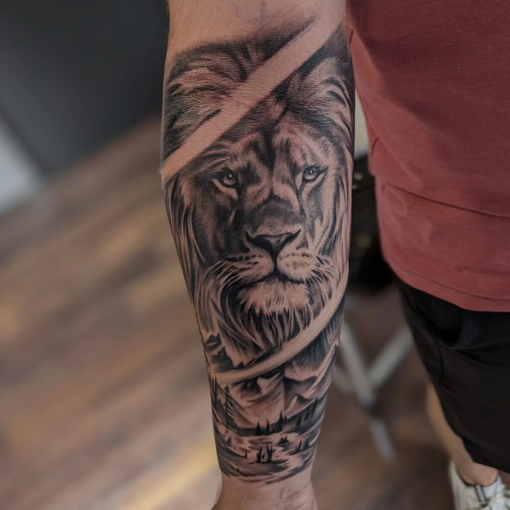 🦁 Lion Forearm Tattoo: Symbol of Strength The lion forearm tattoo em... |  TikTok